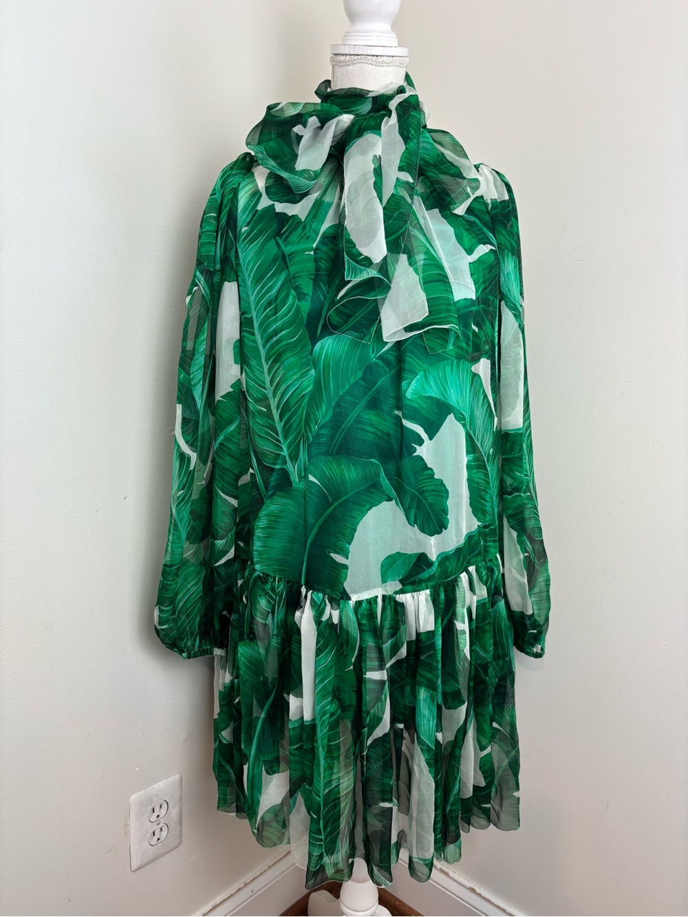 DOLCE & GABBANA Banana Leaf Silk Ribbon Dress White Green IT / 36 US XS - Picture 4 of 16